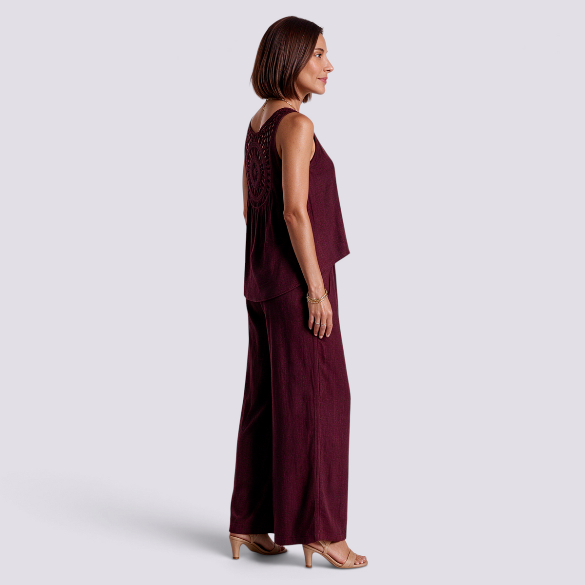 Conjunto Top Calado Pantalón Ancho Mujer - Burdeos - Lateral
