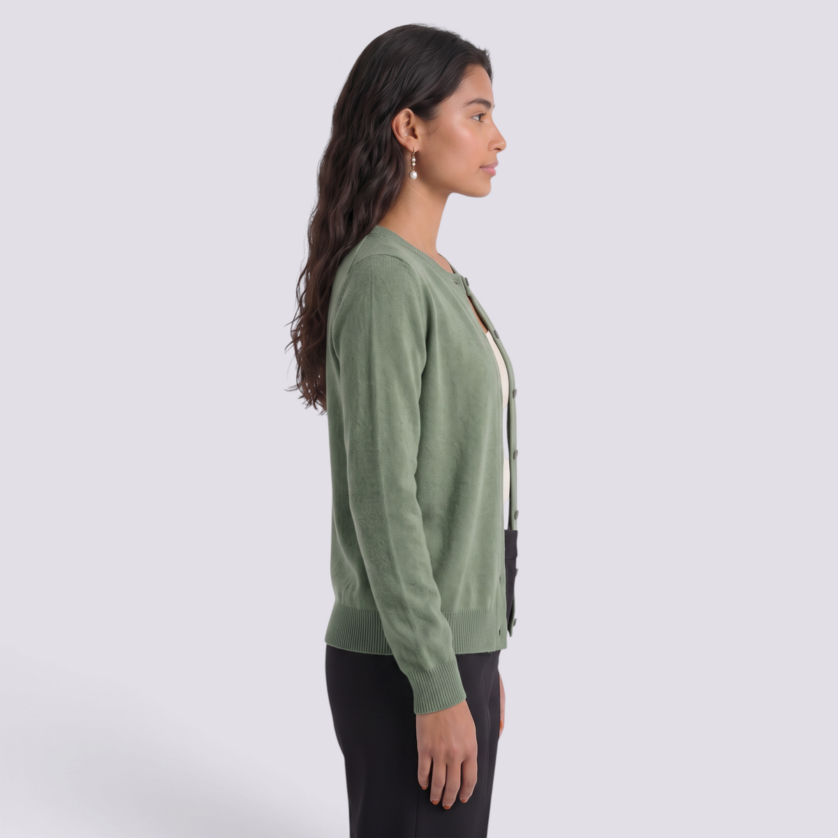 Cárdigan lana mujer cuello redondo - Verde Pino - vista lateral