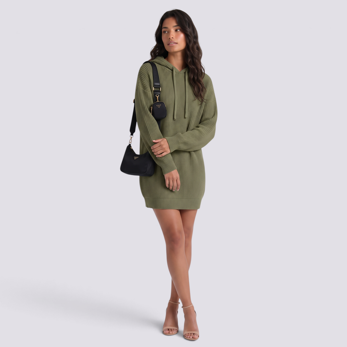 Vestido Punto Capucha Oversize Mujer Manga Larga - Oliva - Frontal