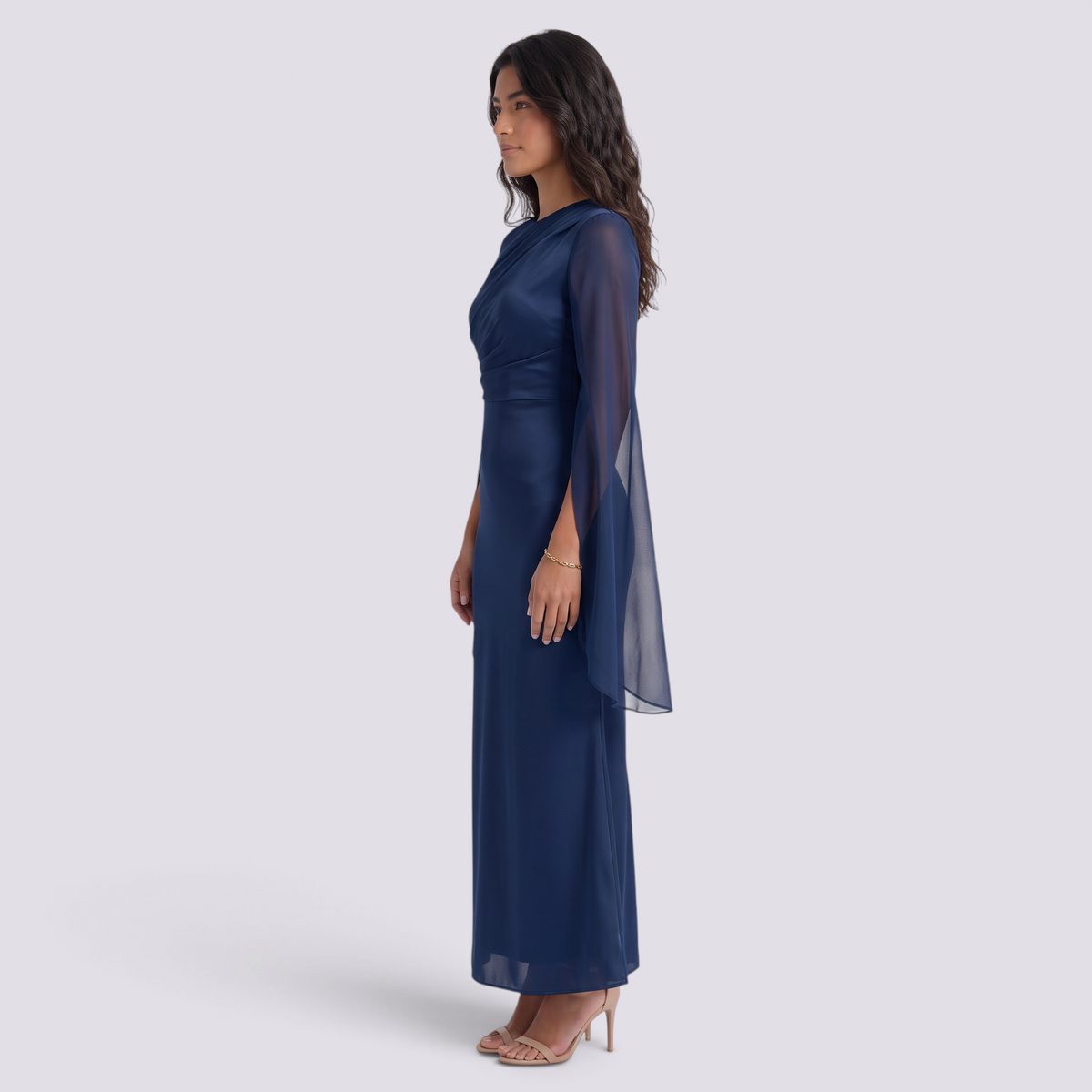 Vestido largo mujer manga acampanada satinado - Azul - vista lateral