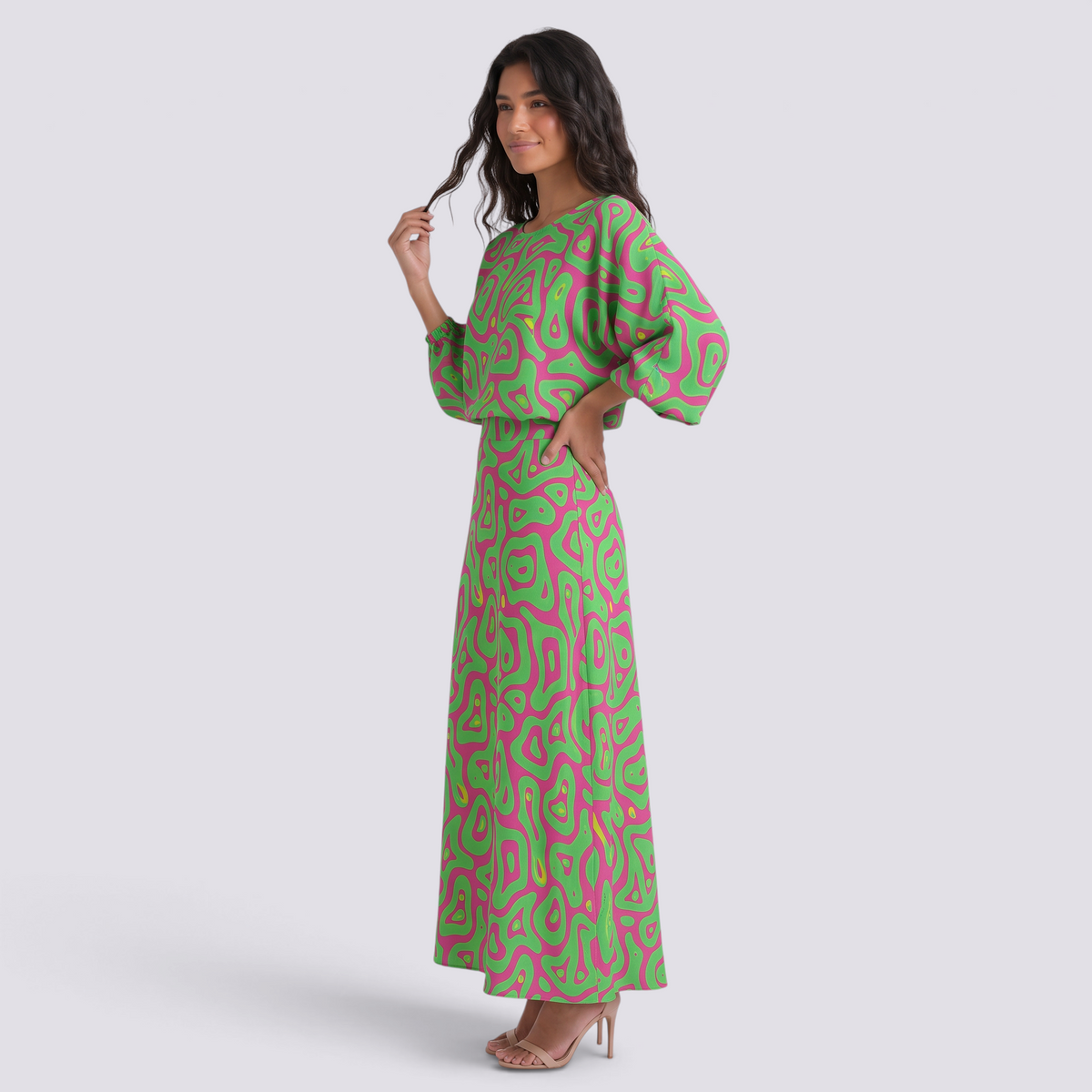 Conjunto Estampado Top y Falda Mujer - Verde y Fucsia - side