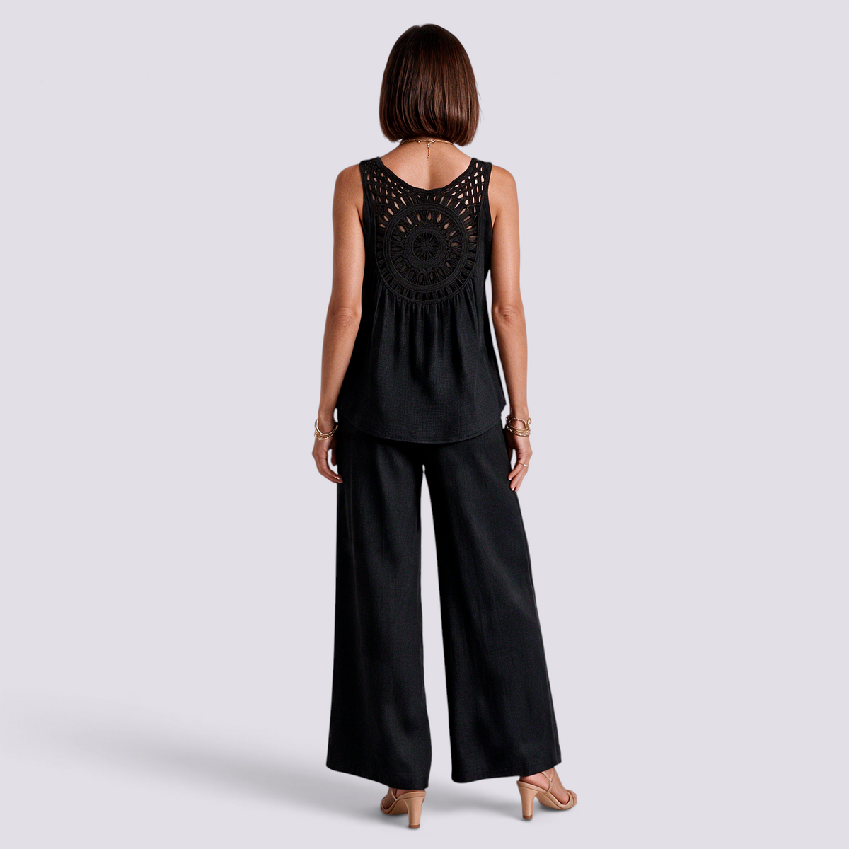 Conjunto Top Calado Pantalón Ancho Mujer - Negro - Espalda