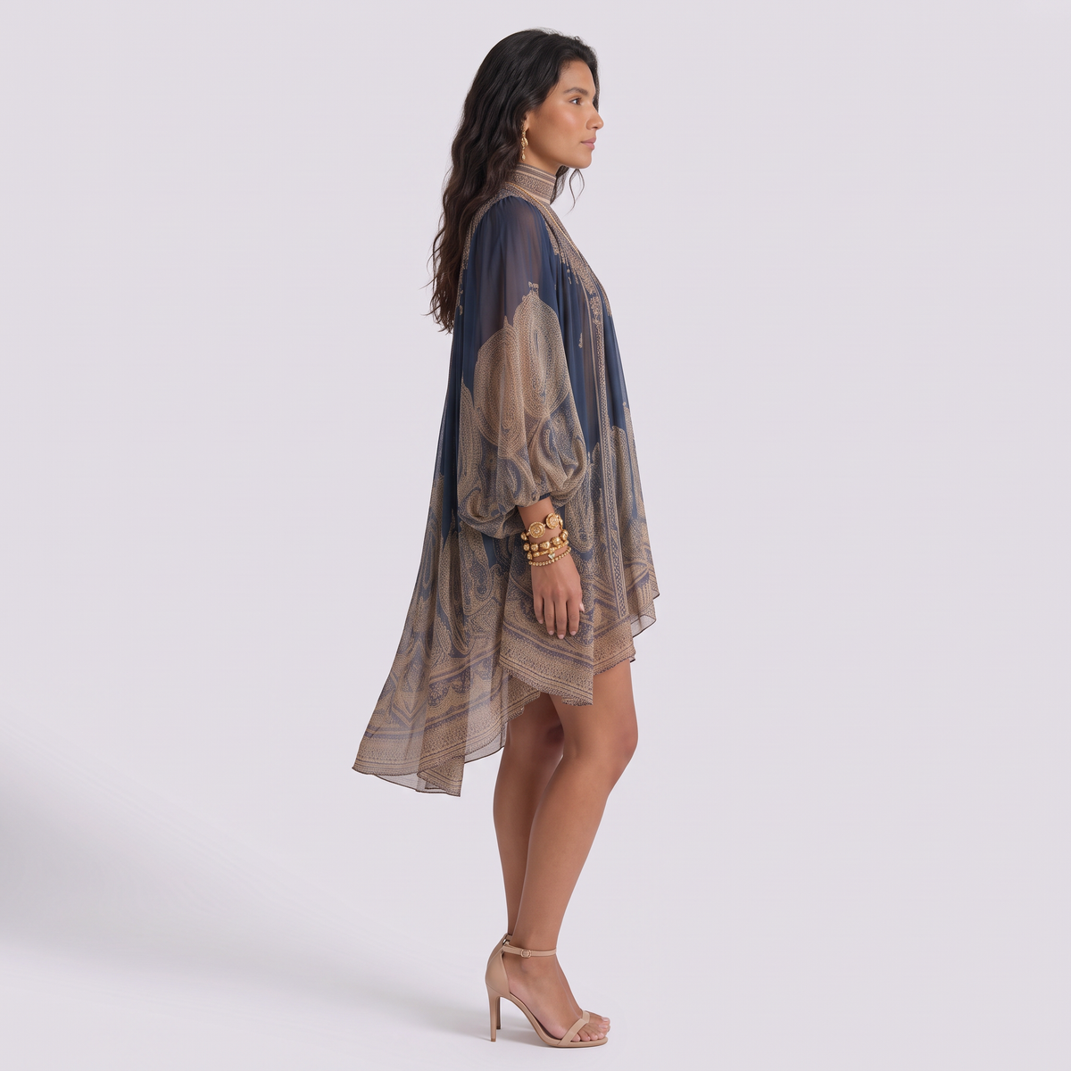 Vestido Cuello Alto Estampado Mujer Azul Marino - vista lateral