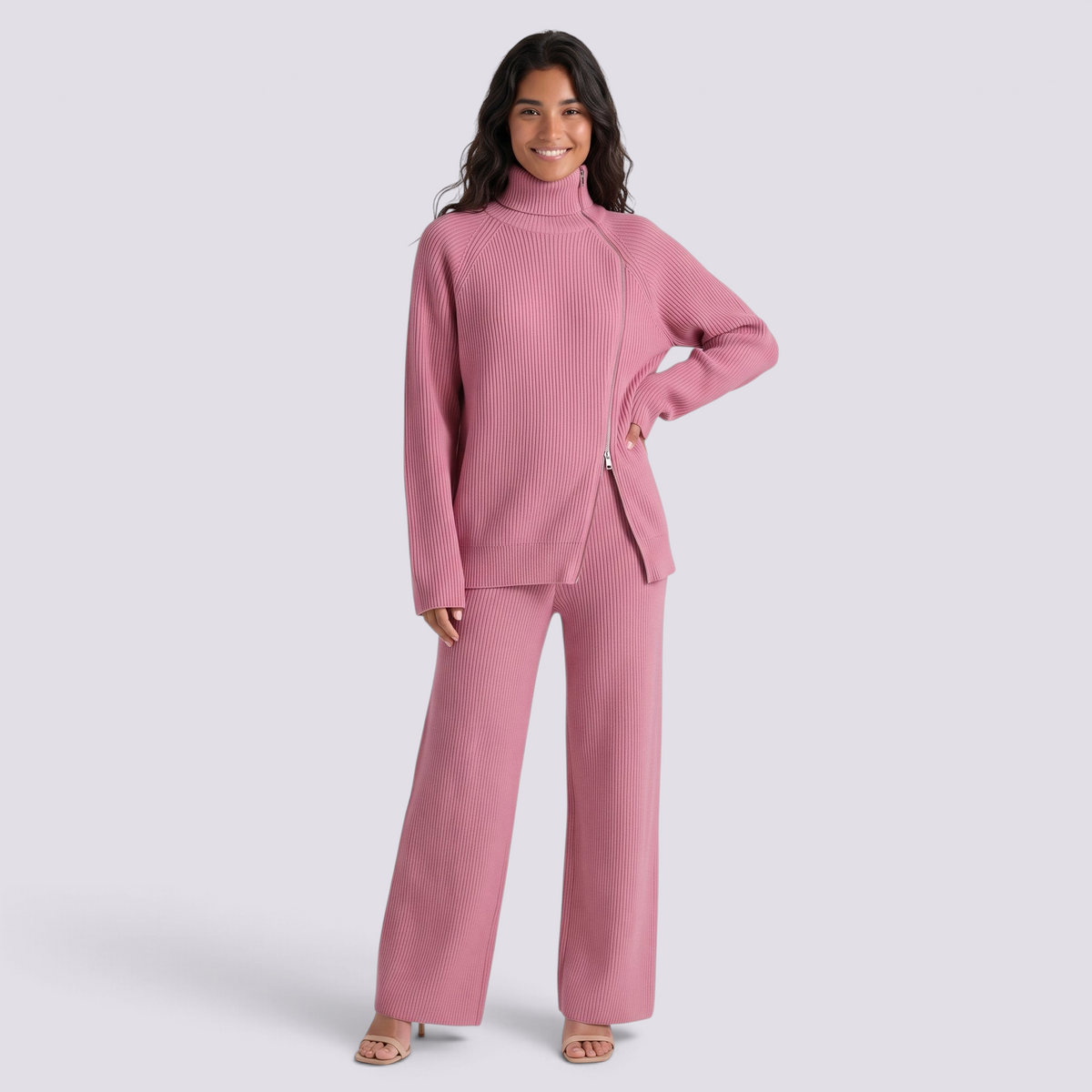 Conjunto de jersey de cuello alto con cremallera y pantalón ancho de punto rosa, vista frontal