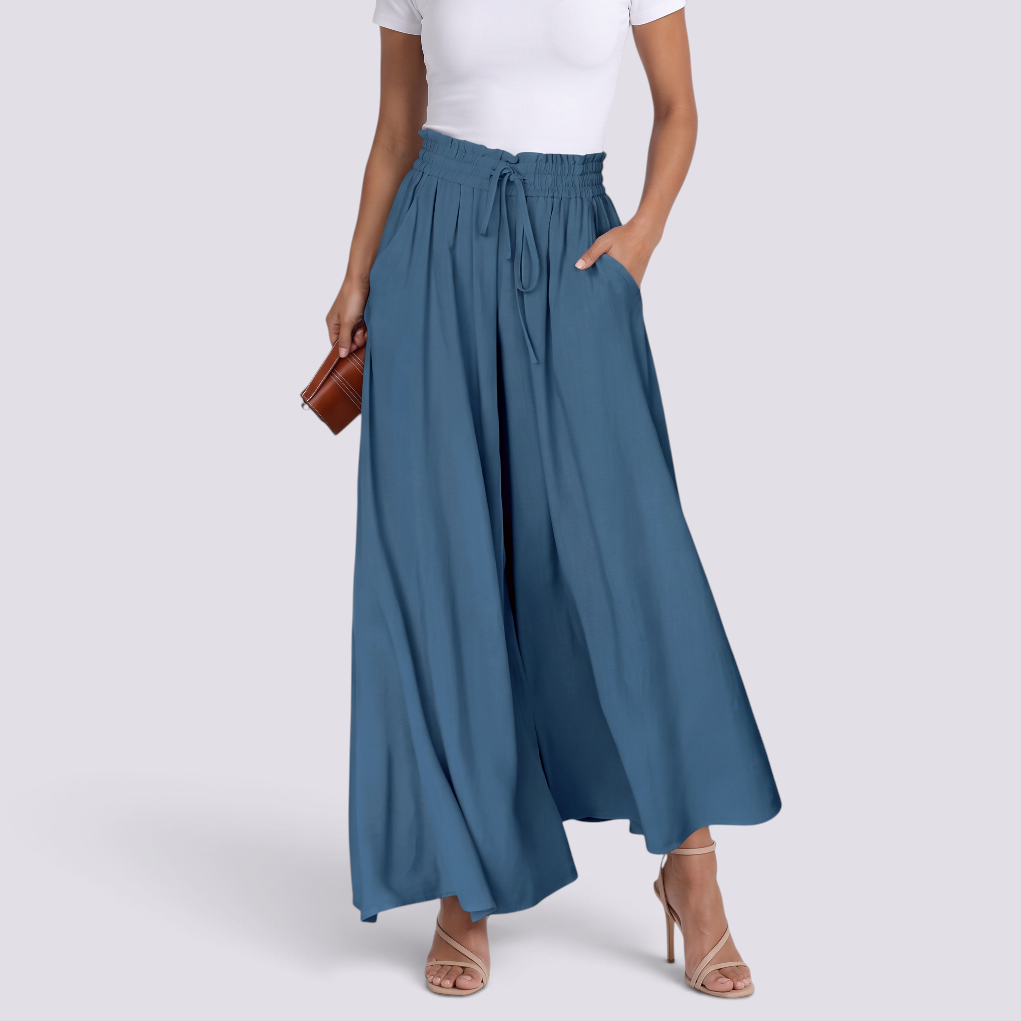 Pantalón Palazzo Mujer Cordón Ajustable - Azul Acero - Vista Frontal