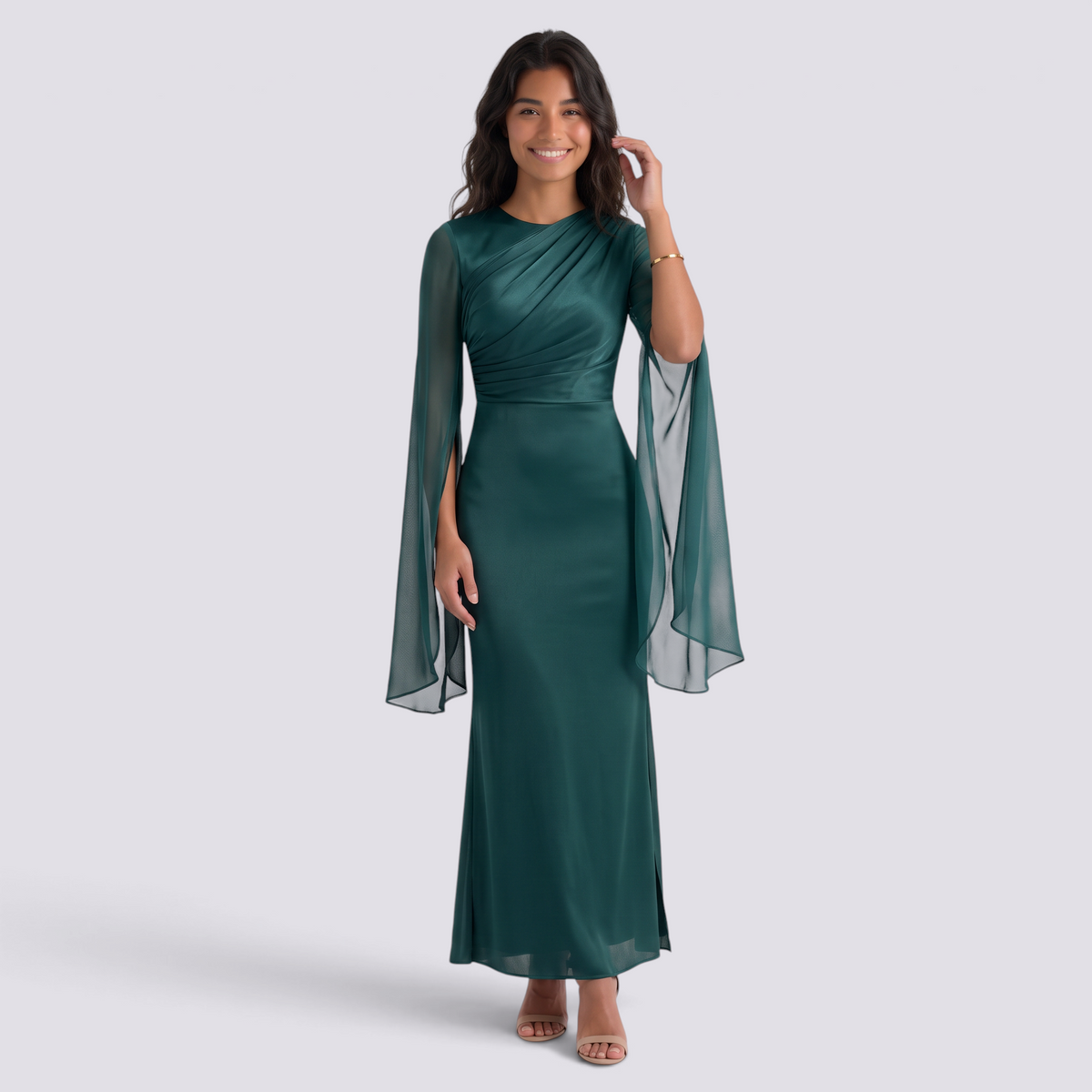 Vestido largo mujer manga acampanada satinado - Verde - vista frontal