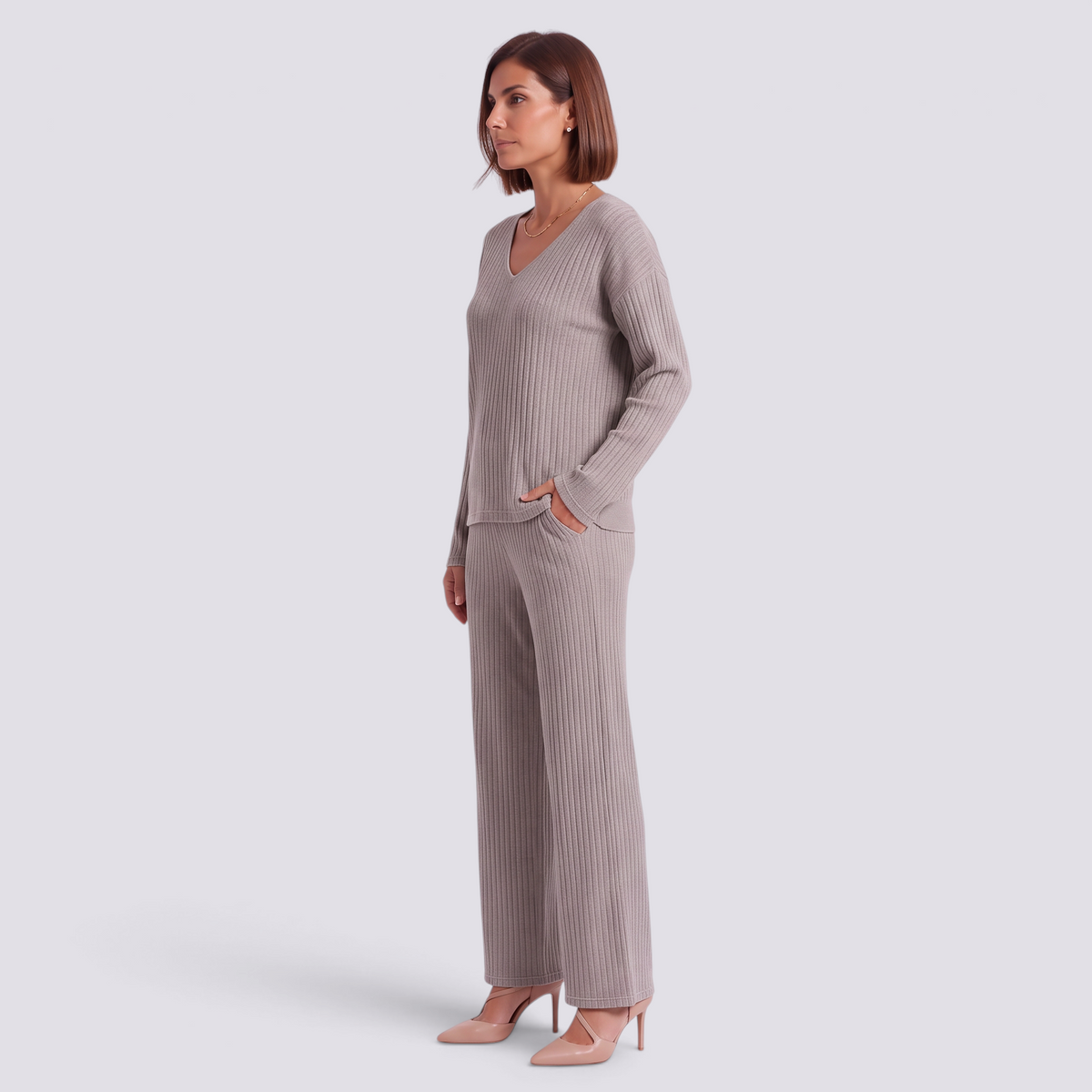 Conjunto Punto Mujer Pantalón Ancho - Gris Claro - Lateral
