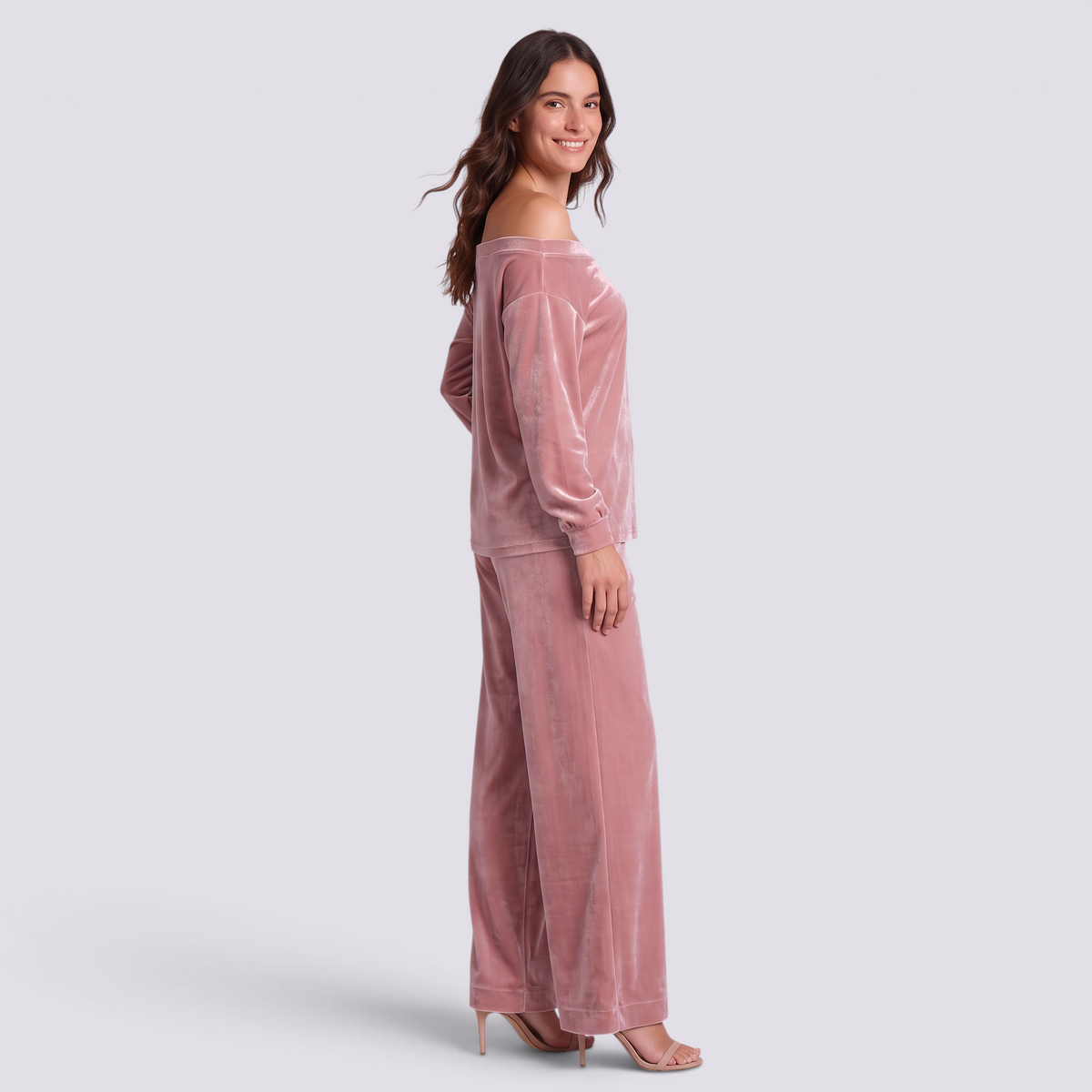 Conjunto Mujer Hombro Asimétrico y Pantalón Ancho - Rosa - lateral