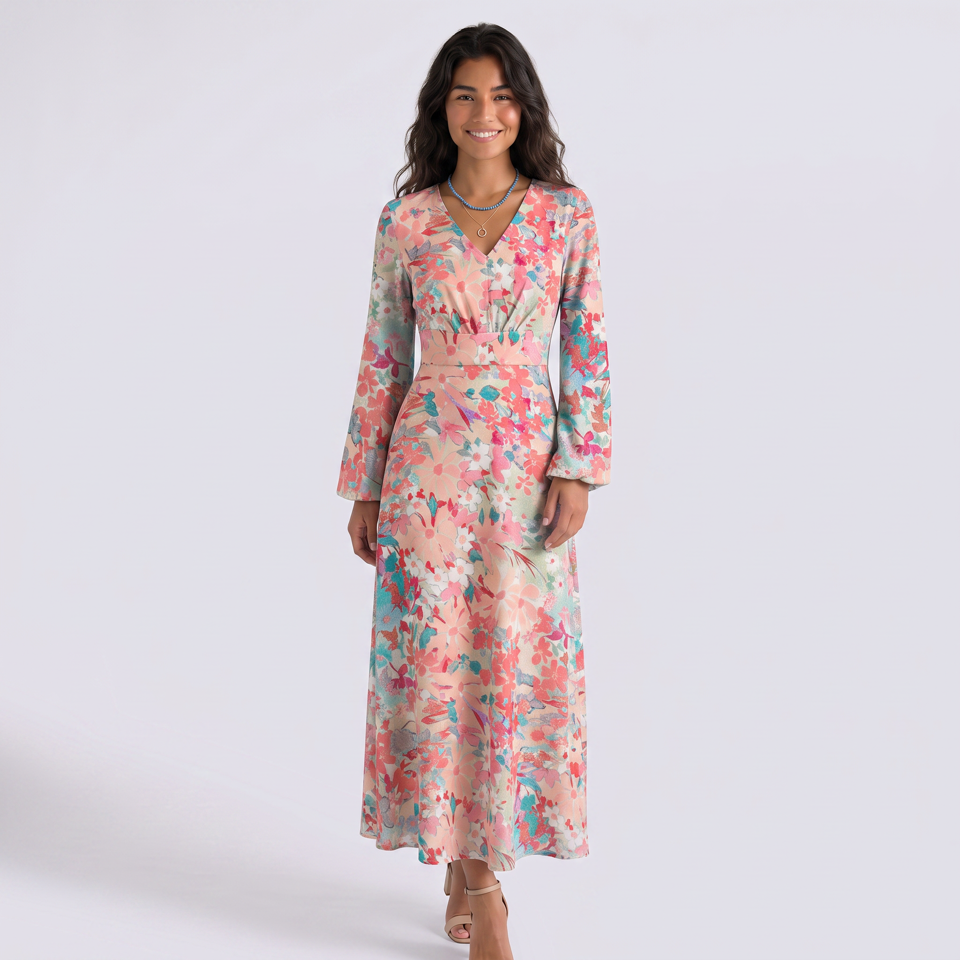 Vestido Largo Estampado Escote V Manga Larga - Rosa - Vista Frontal