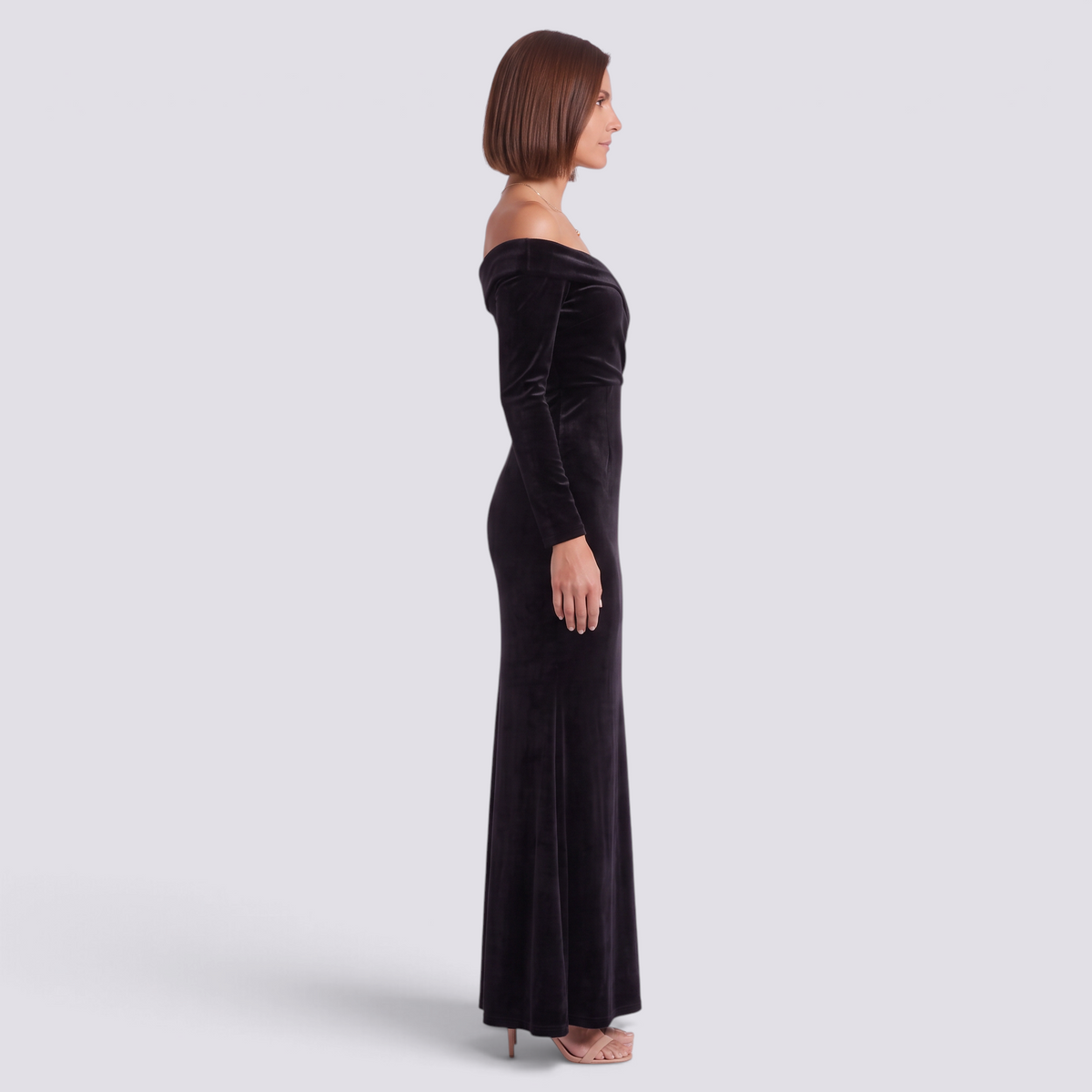 Vestido Terciopelo Mujer Escote Bardot - Negro - Vista lateral