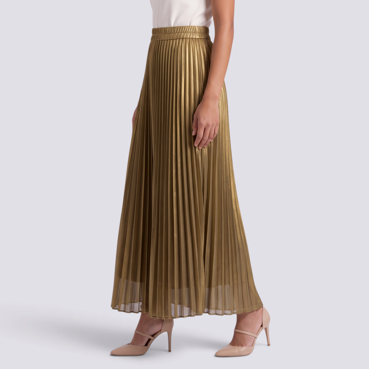 Falda larga plisada metalizada mujer en color dorado, vista lateral