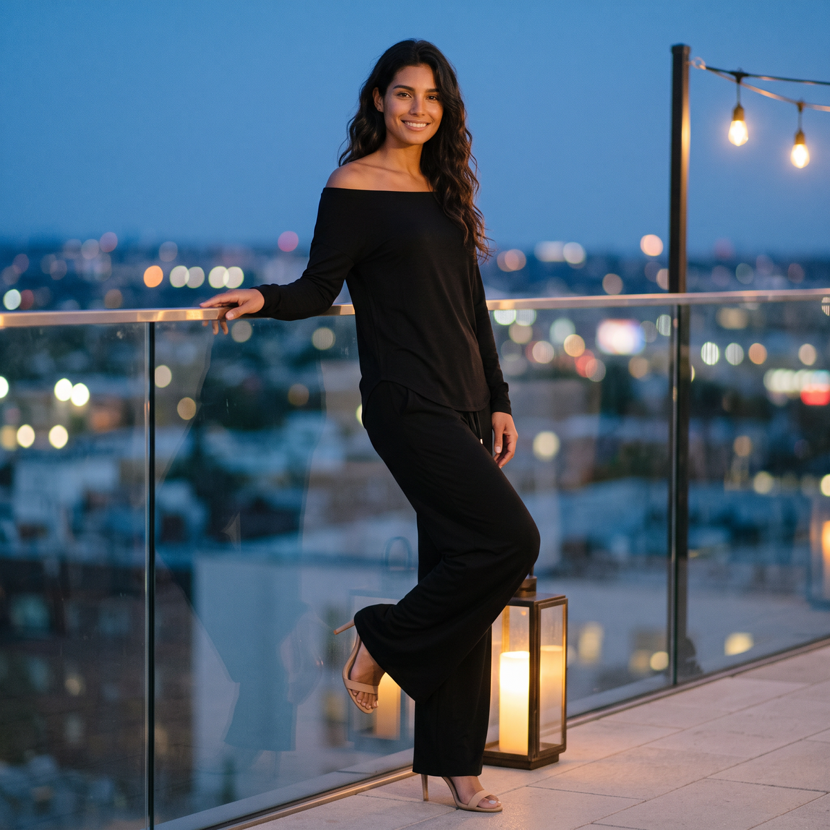Conjunto Mujer Camiseta Hombros Descubiertos y Pantalón Ancho Negro look de terraza