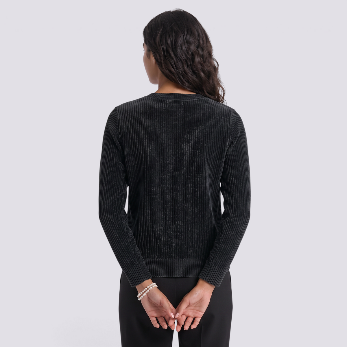Cárdigan lana mujer cuello redondo - Negro - vista trasera