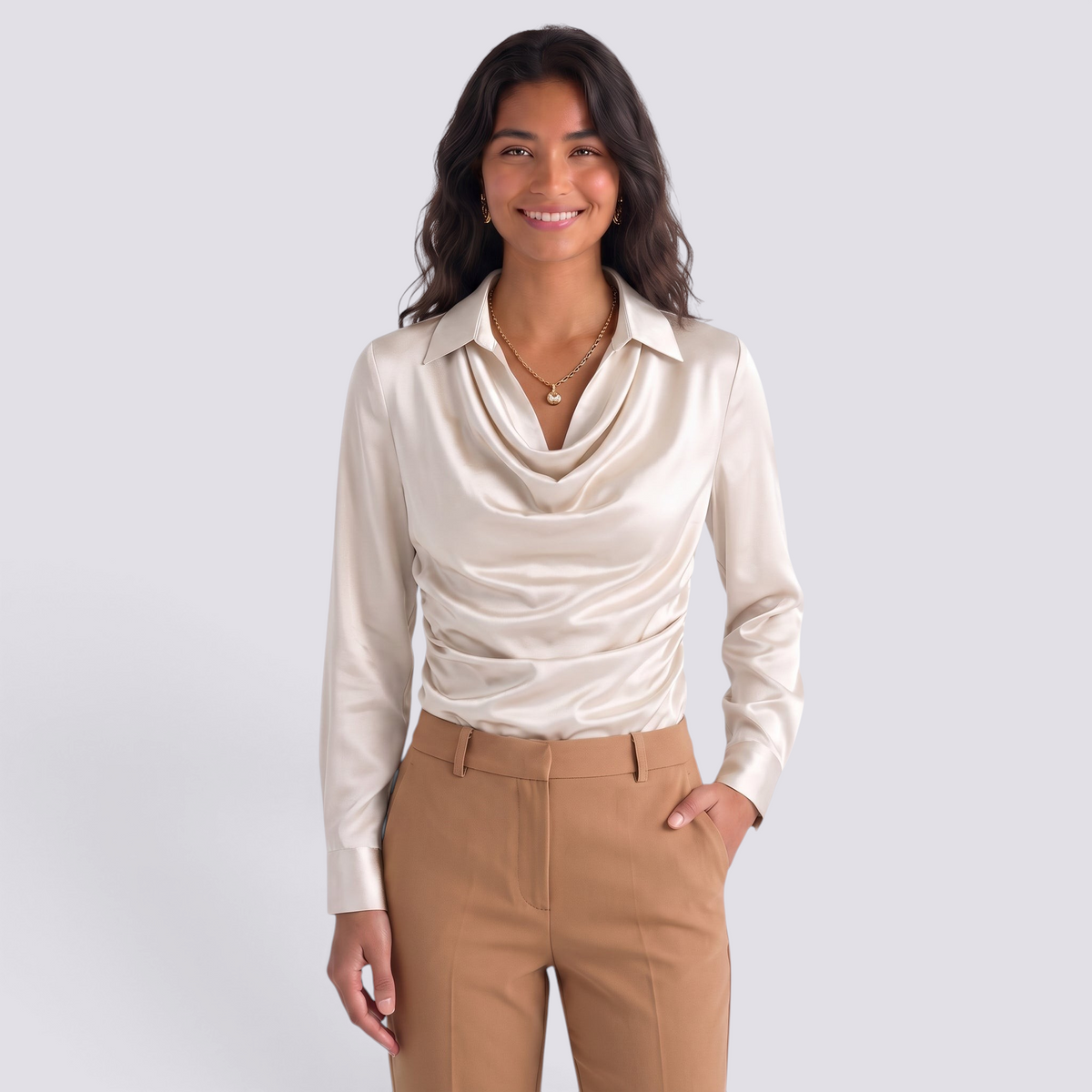 Blusa Satinada Mujer Cuello Drapeado - Blanco - Frontal