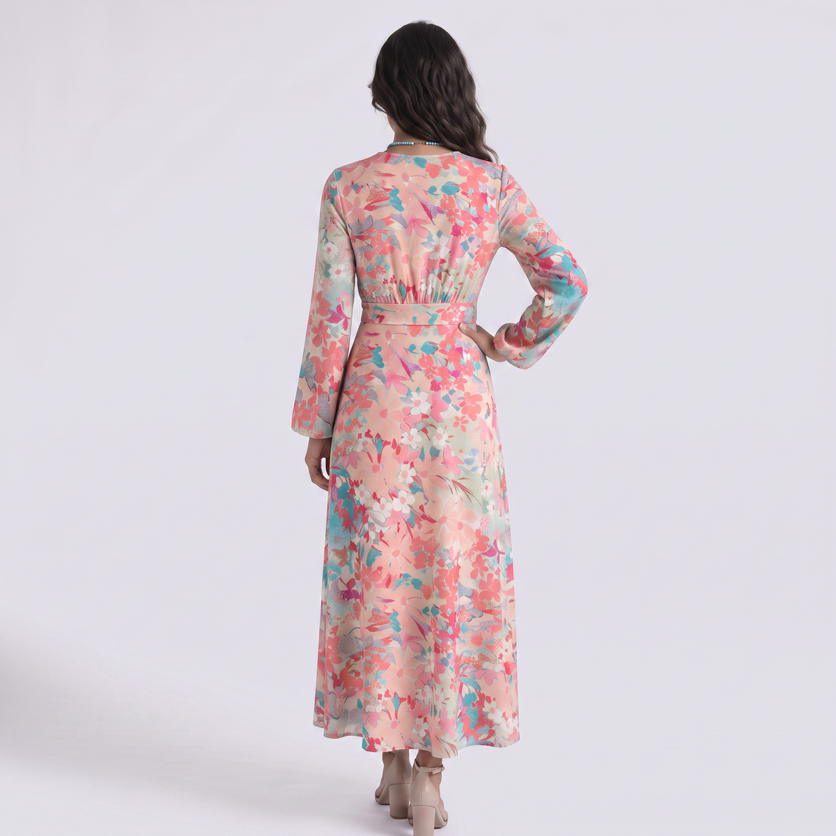 Vestido Largo Estampado Escote V Manga Larga - Rosa - Vista Trasera