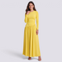 Vestido largo mujer manga larga con falda fruncida en color amarillo, vista frontal