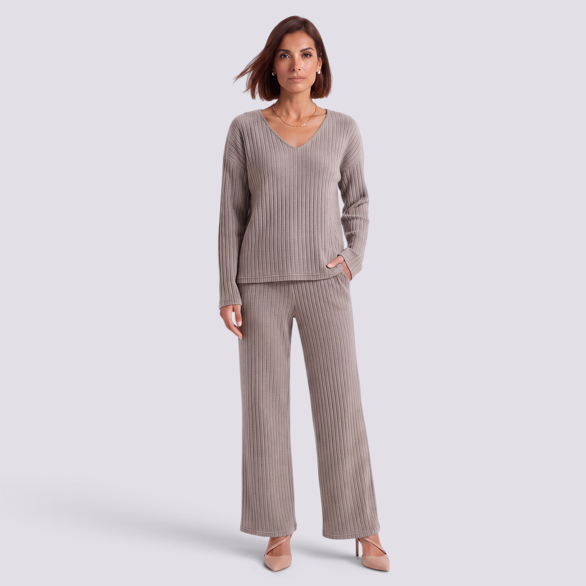 Conjunto Punto Mujer Pantalón Ancho - Gris Claro - Frontal