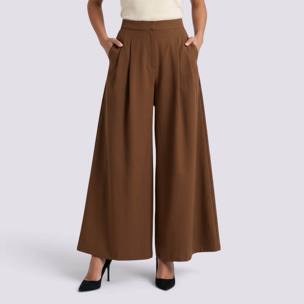 Pantalón Palazzo Plisado Mujer - Marrón - Frontal