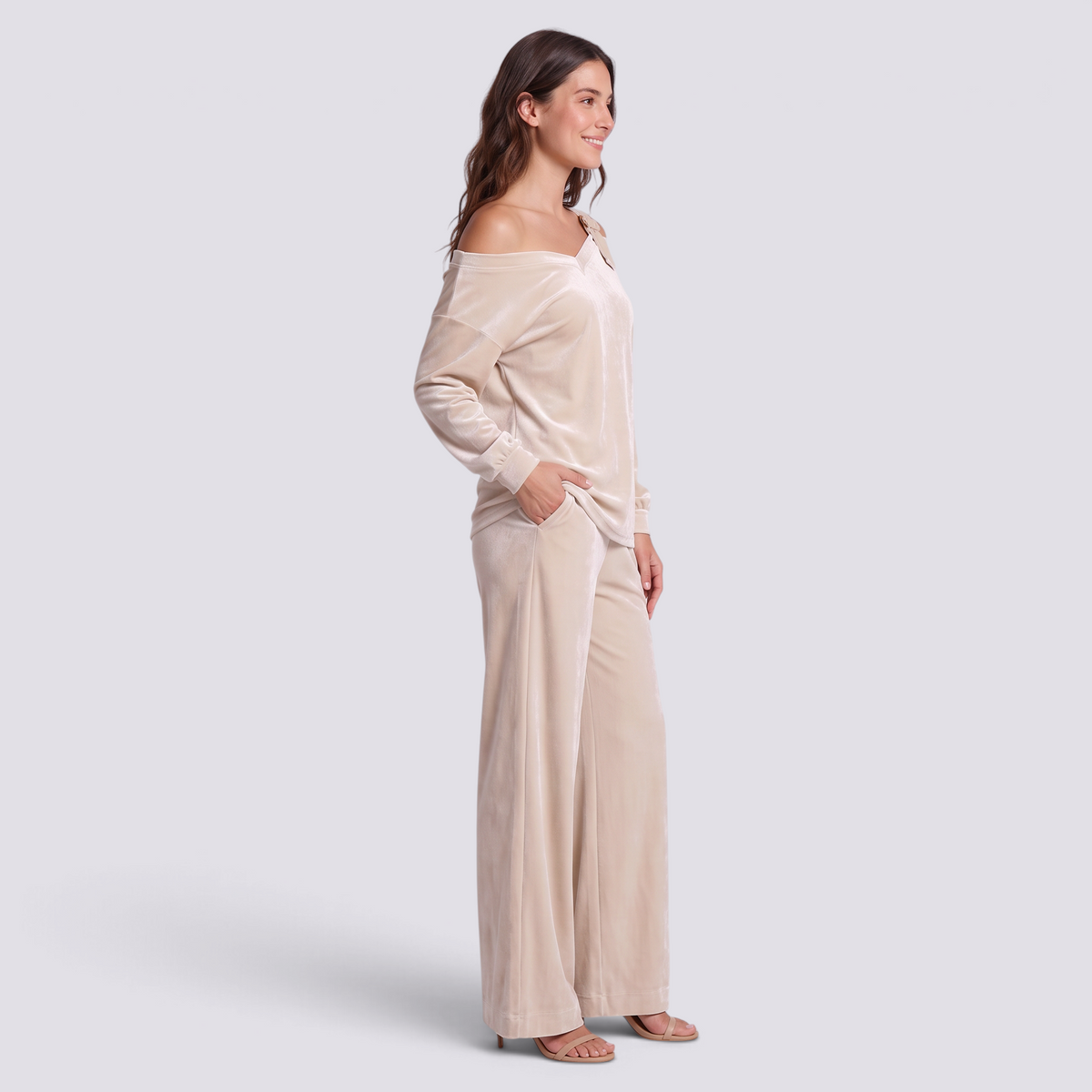 Conjunto Mujer Hombro Asimétrico y Pantalón Ancho - Beige - lateral