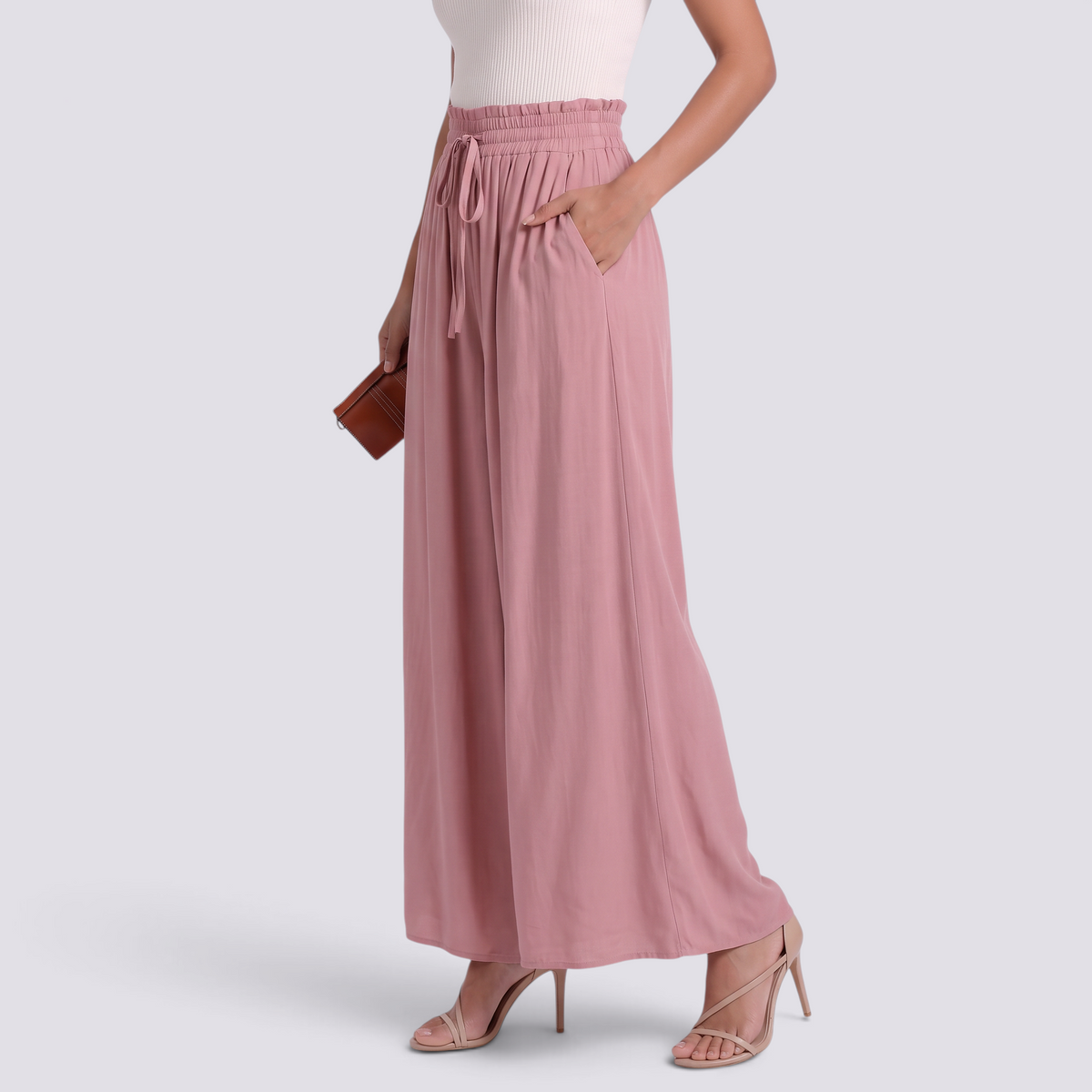 Pantalón Palazzo Mujer Cordón Ajustable - Rosa Palo - Vista Lateral