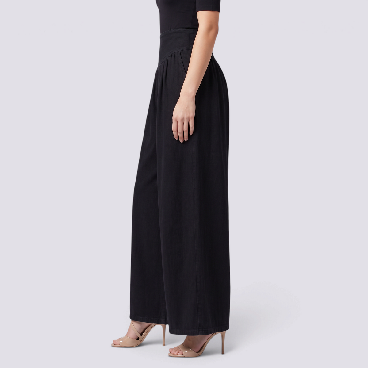 Pantalón palazzo mujer extra ancho con frunces en negro, vista lateral