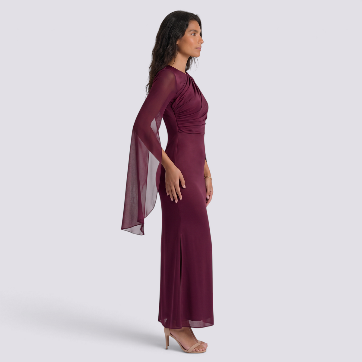Vestido largo mujer manga acampanada satinado - Rojo - vista lateral