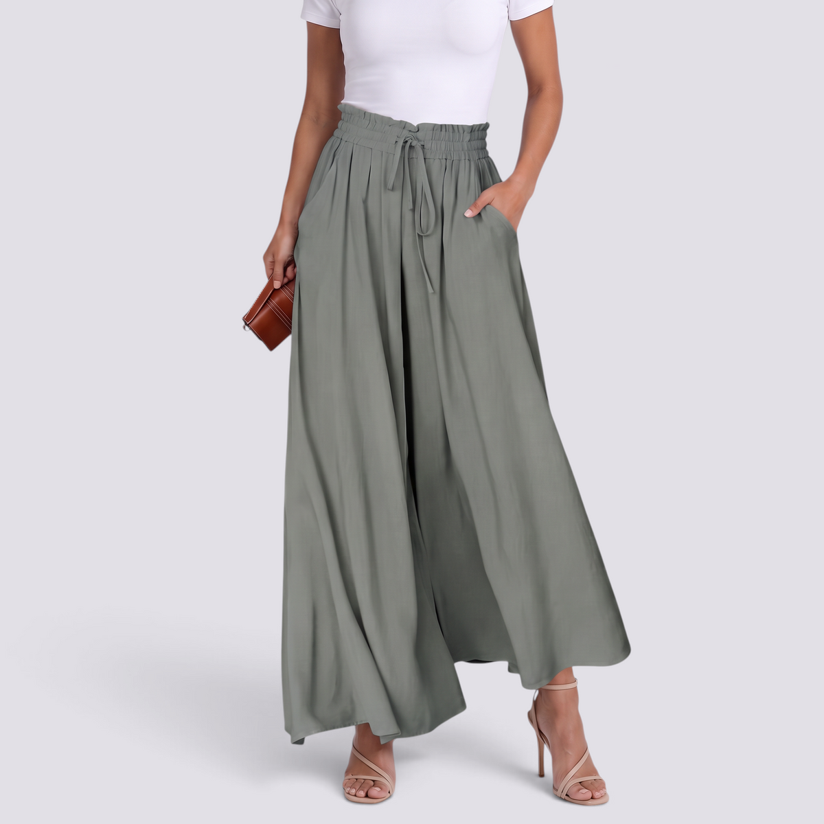 Pantalón Palazzo Mujer Cordón Ajustable - Verde Salvia - Vista Frontal