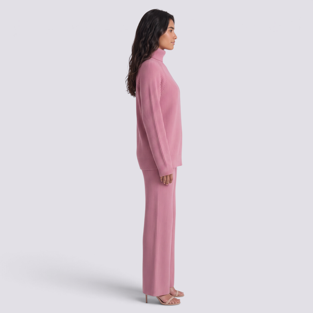 Conjunto de jersey de cuello alto con cremallera y pantalón ancho de punto rosa, vista lateral