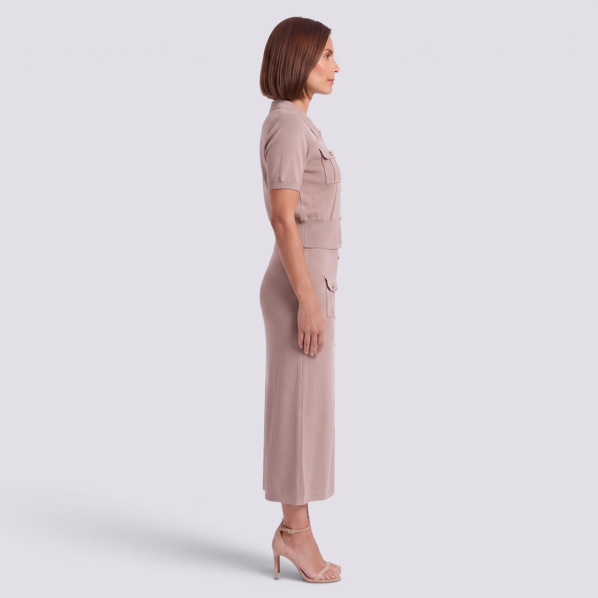 Conjunto punto mujer polo y falda con botones, caqui, vista lateral