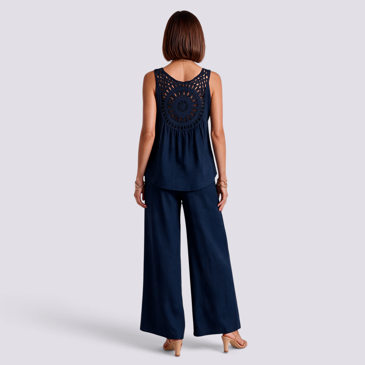 Conjunto Top Calado Pantalón Ancho Mujer - Azul Marino - Espalda