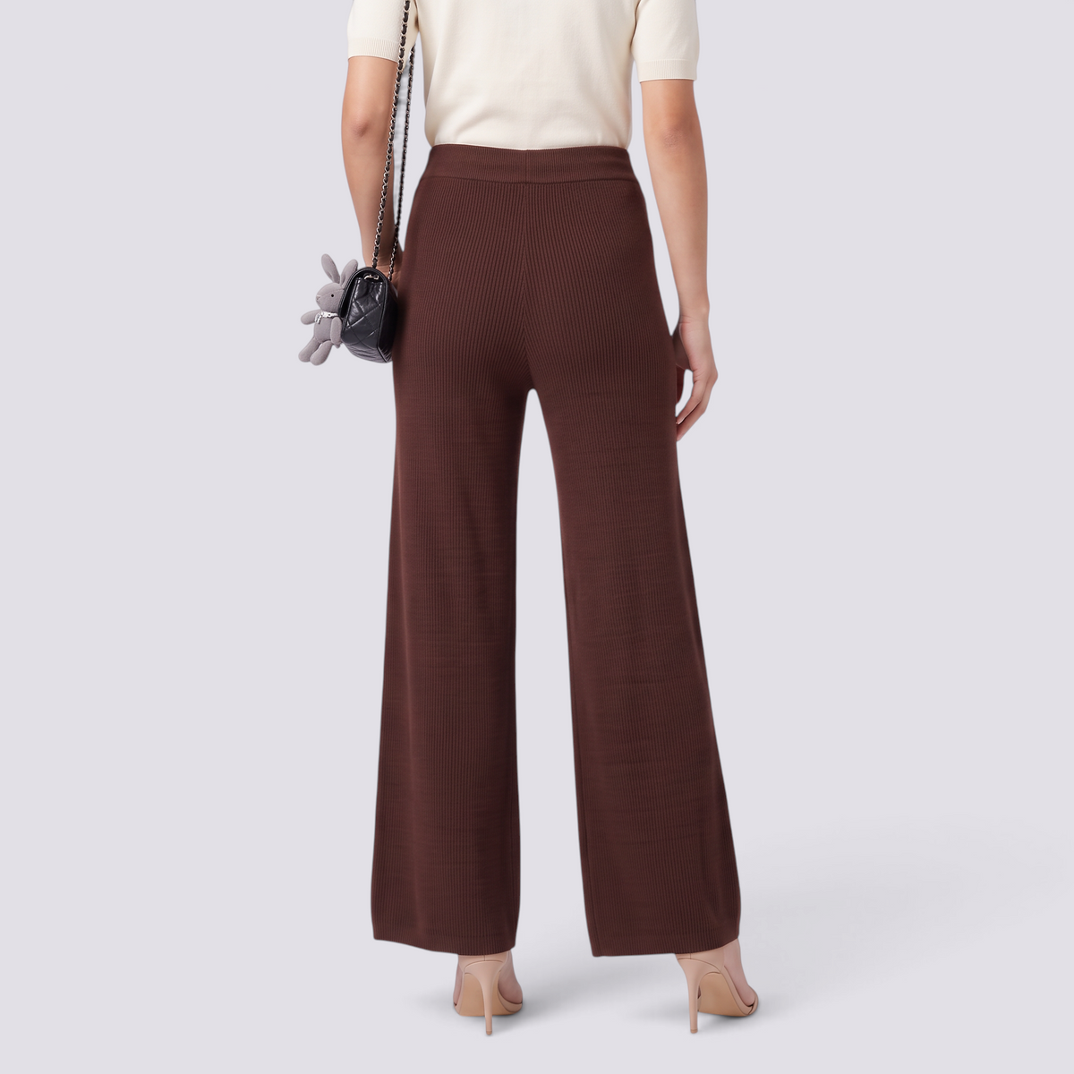 Pantalón Punto Ancho Mujer Cintura Alta - Marrón - Espalda