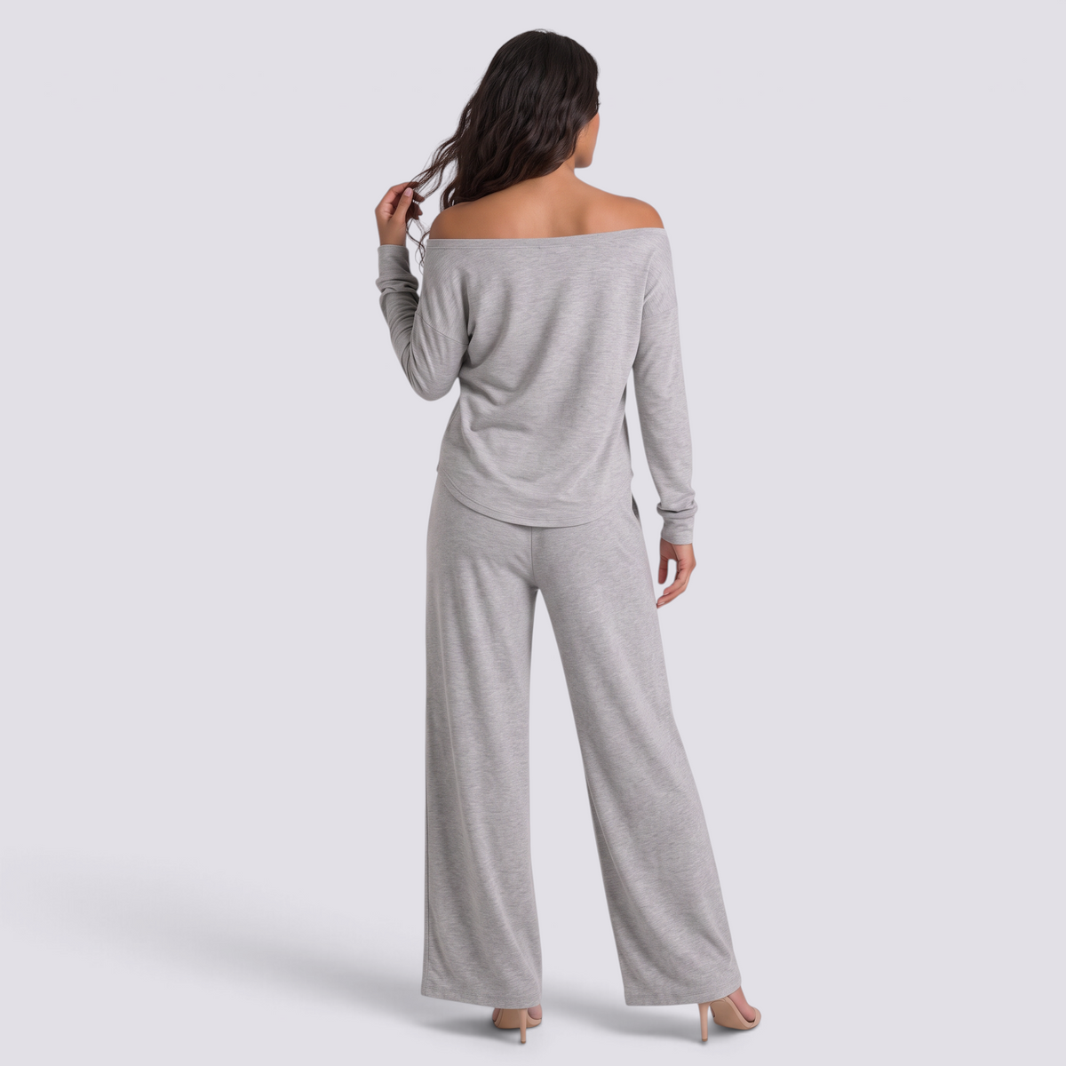 Conjunto Mujer Camiseta Hombros Descubiertos y Pantalón Ancho Gris Claro vista trasera
