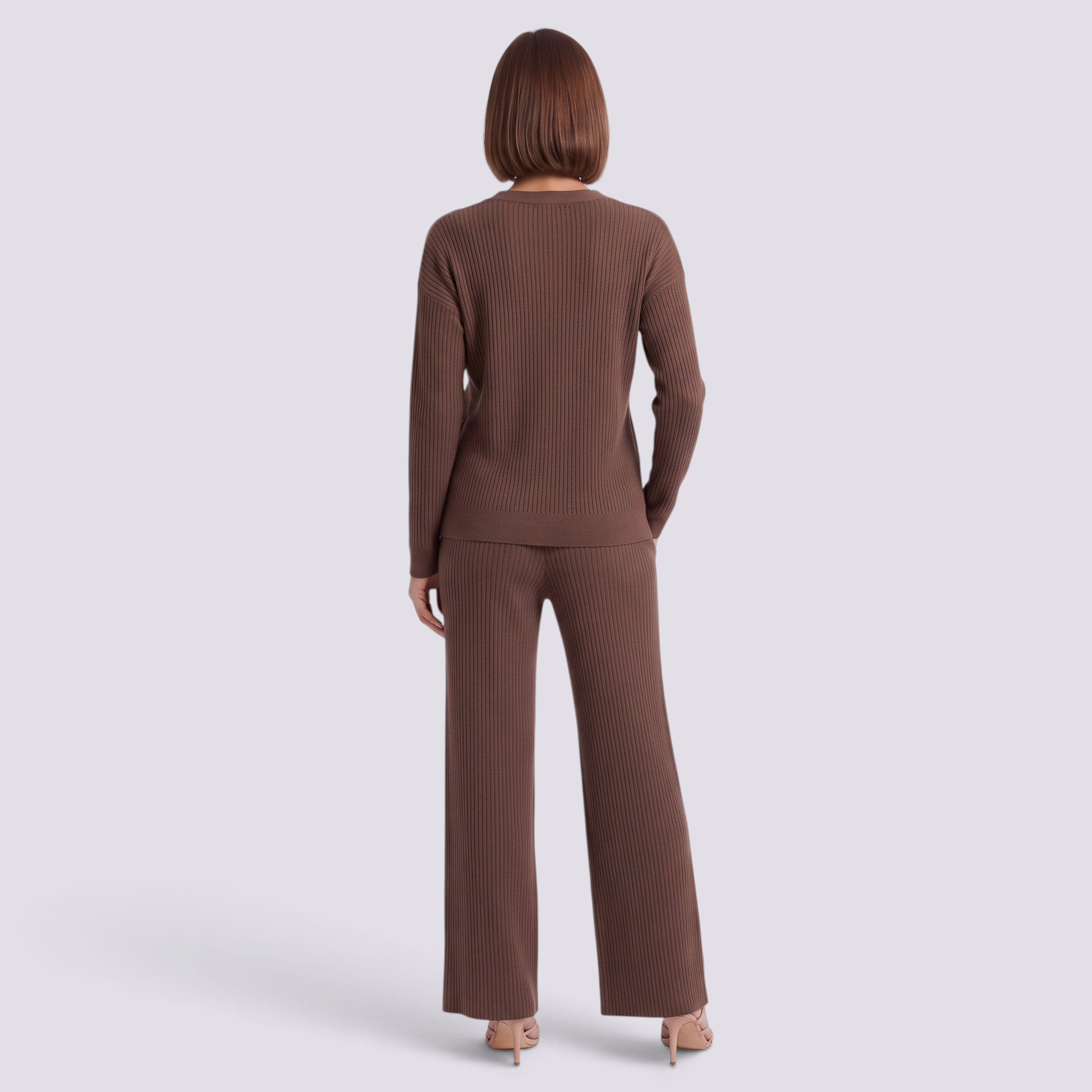 Conjunto Punto Mujer Pantalón Ancho - Café - Espalda