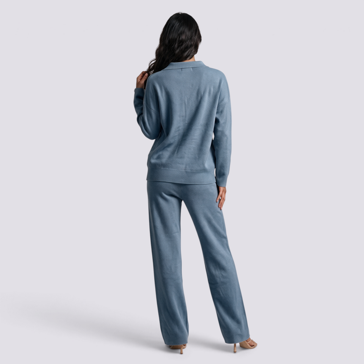 Conjunto Punto Mujer Pantalón Recto - Azul Claro espalda