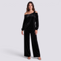 Conjunto Mujer Hombro Asimétrico y Pantalón Ancho - Negro - frontal