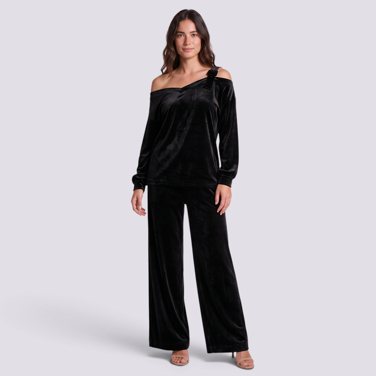 Conjunto Mujer Hombro Asimétrico y Pantalón Ancho - Negro - frontal