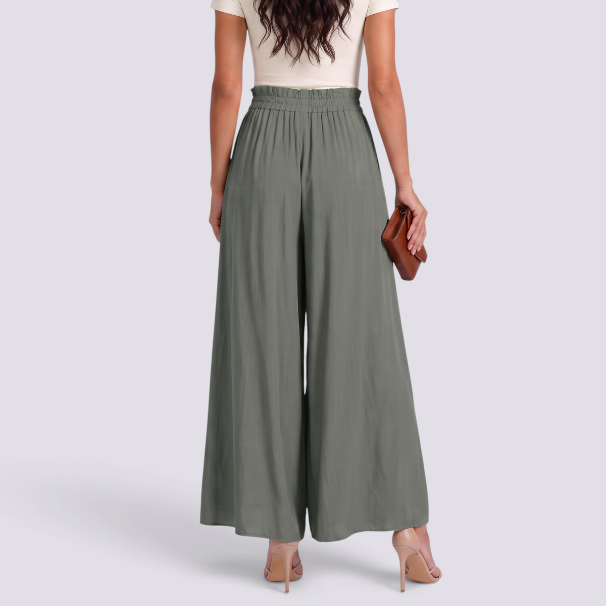 Pantalón Palazzo Mujer Cordón Ajustable - Verde Salvia - Vista Trasera