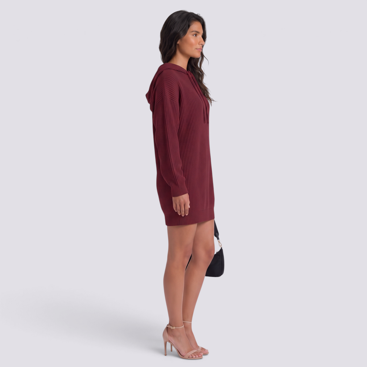 Vestido Punto Capucha Oversize Mujer Manga Larga - Burdeos - Lateral