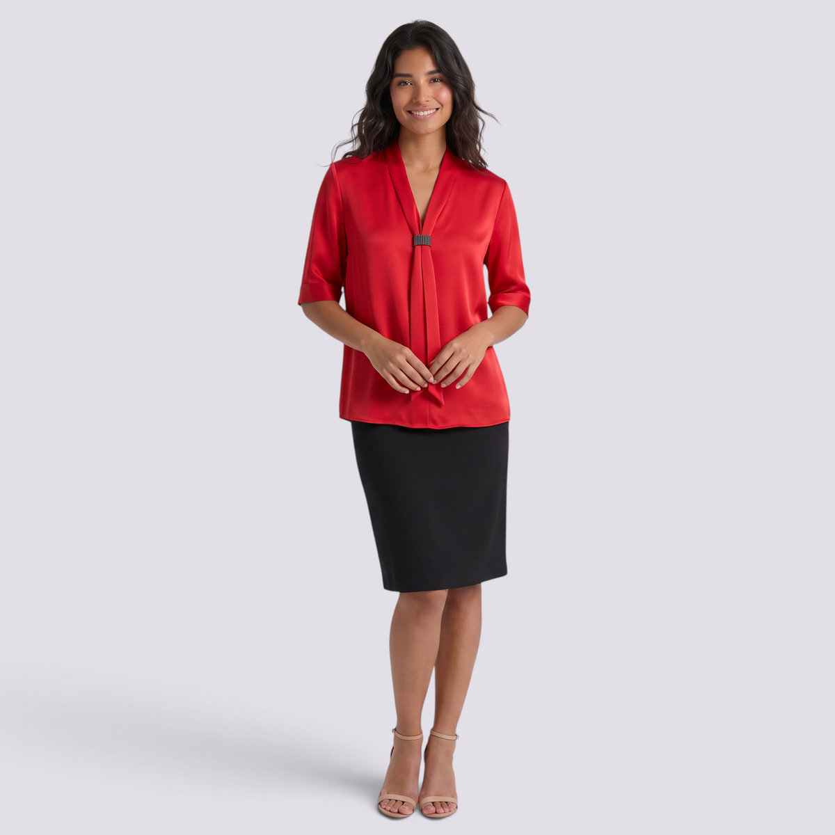 Blusa mujer cuello en V con lazo colgante y manga media en rojo, vista frontal