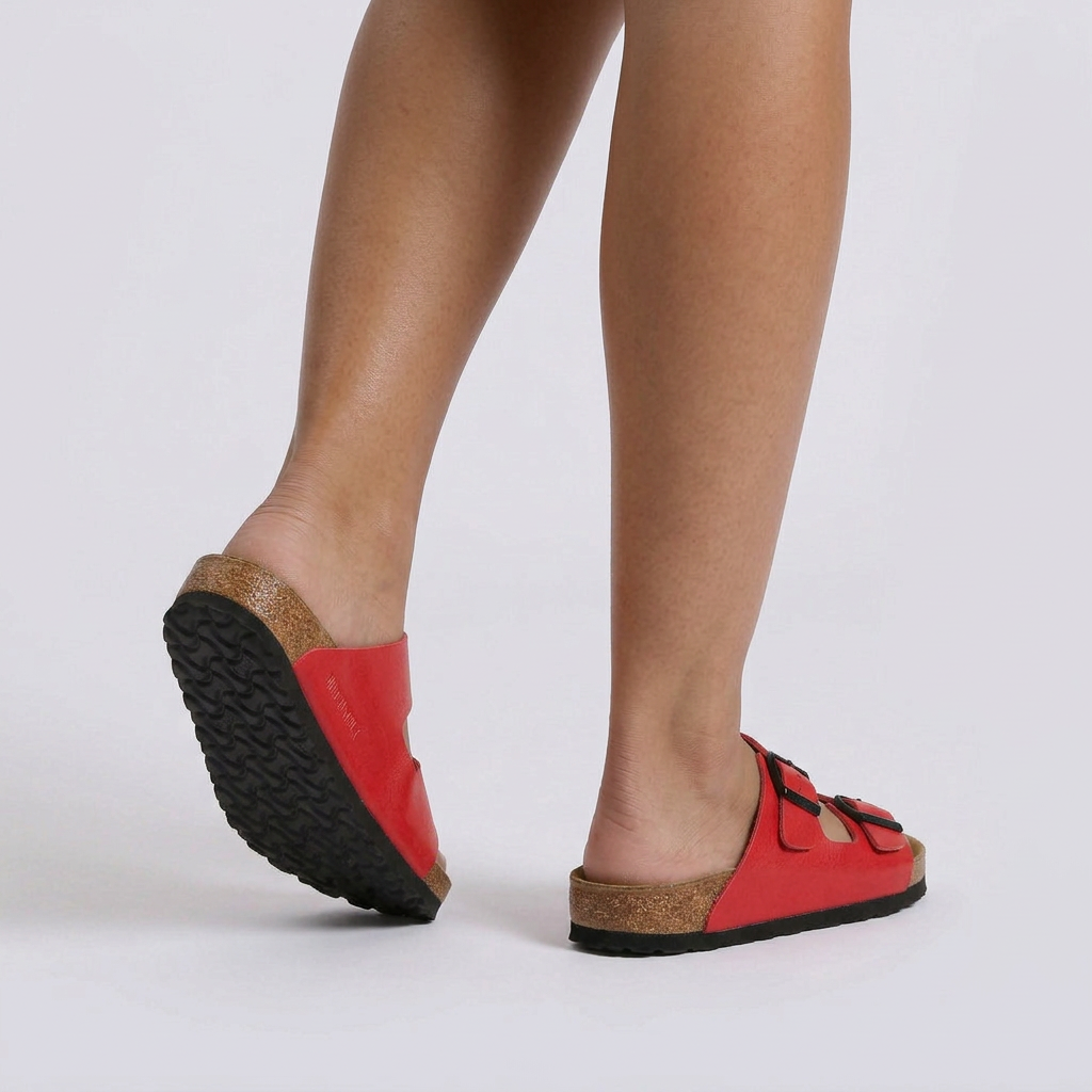 Sandalias planas mujer hebilla doble corcho rojo vista trasera