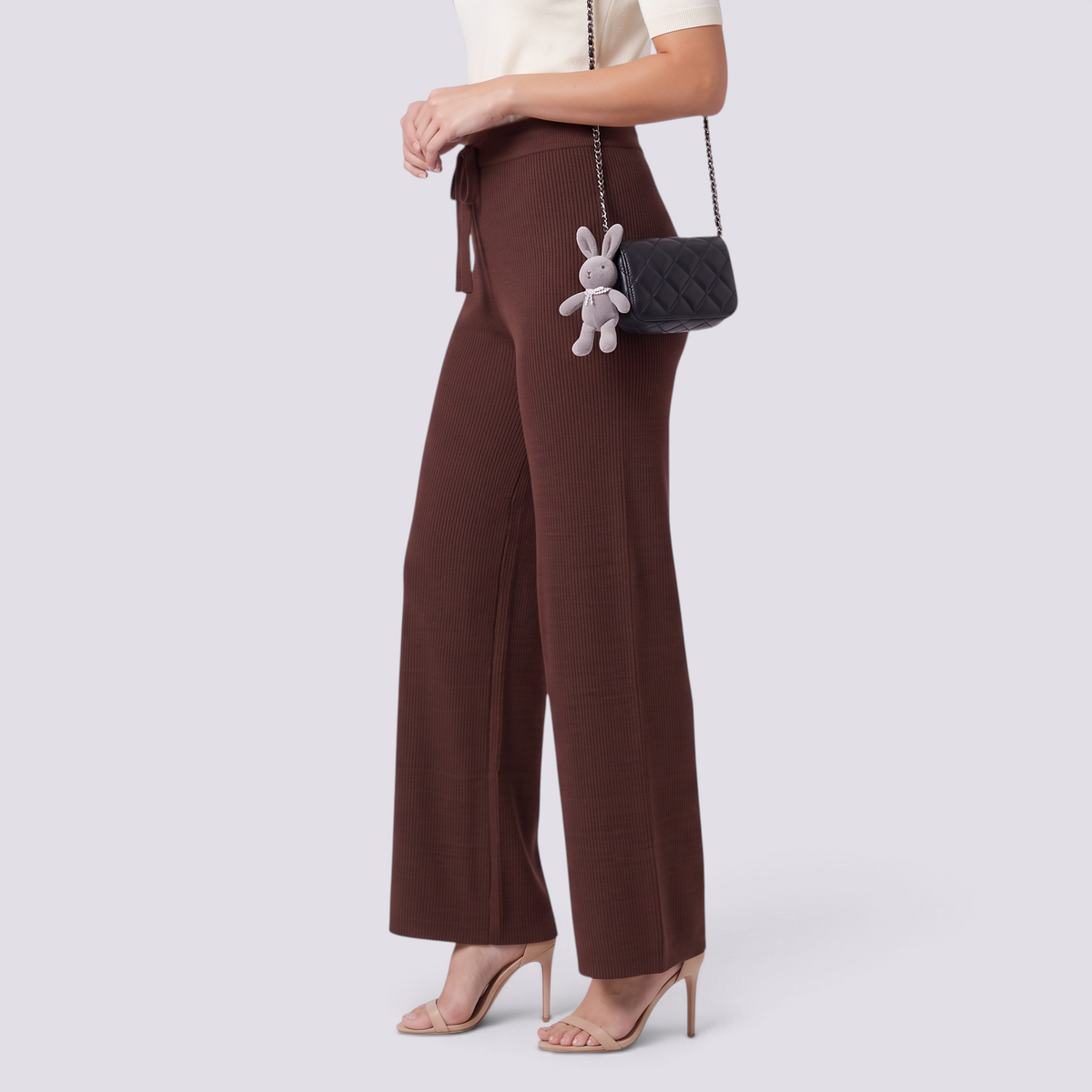 Pantalón Punto Ancho Mujer Cintura Alta - Marrón - Lateral