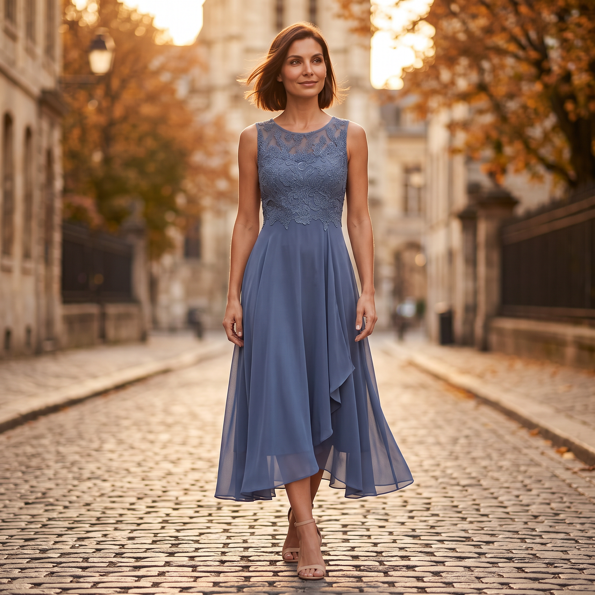 Vestido Midi Mujer Escote V con Encaje - foto de estilo de vida
