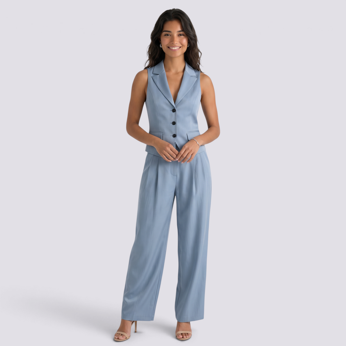 Conjunto Chaleco Sin Mangas Mujer Pantalon Ancho - Light Blue Front