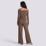 Conjunto Mujer Camiseta Hombros Descubiertos y Pantalón Ancho Marrón Café vista trasera