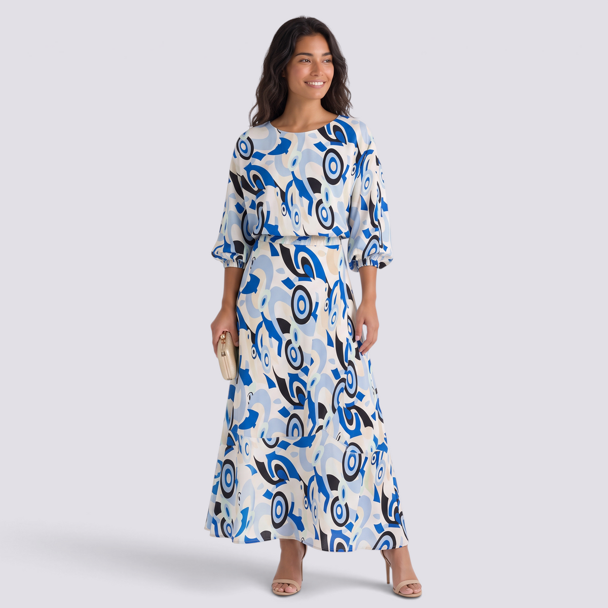 Conjunto Estampado Top y Falda Mujer - Azul y Beige - front