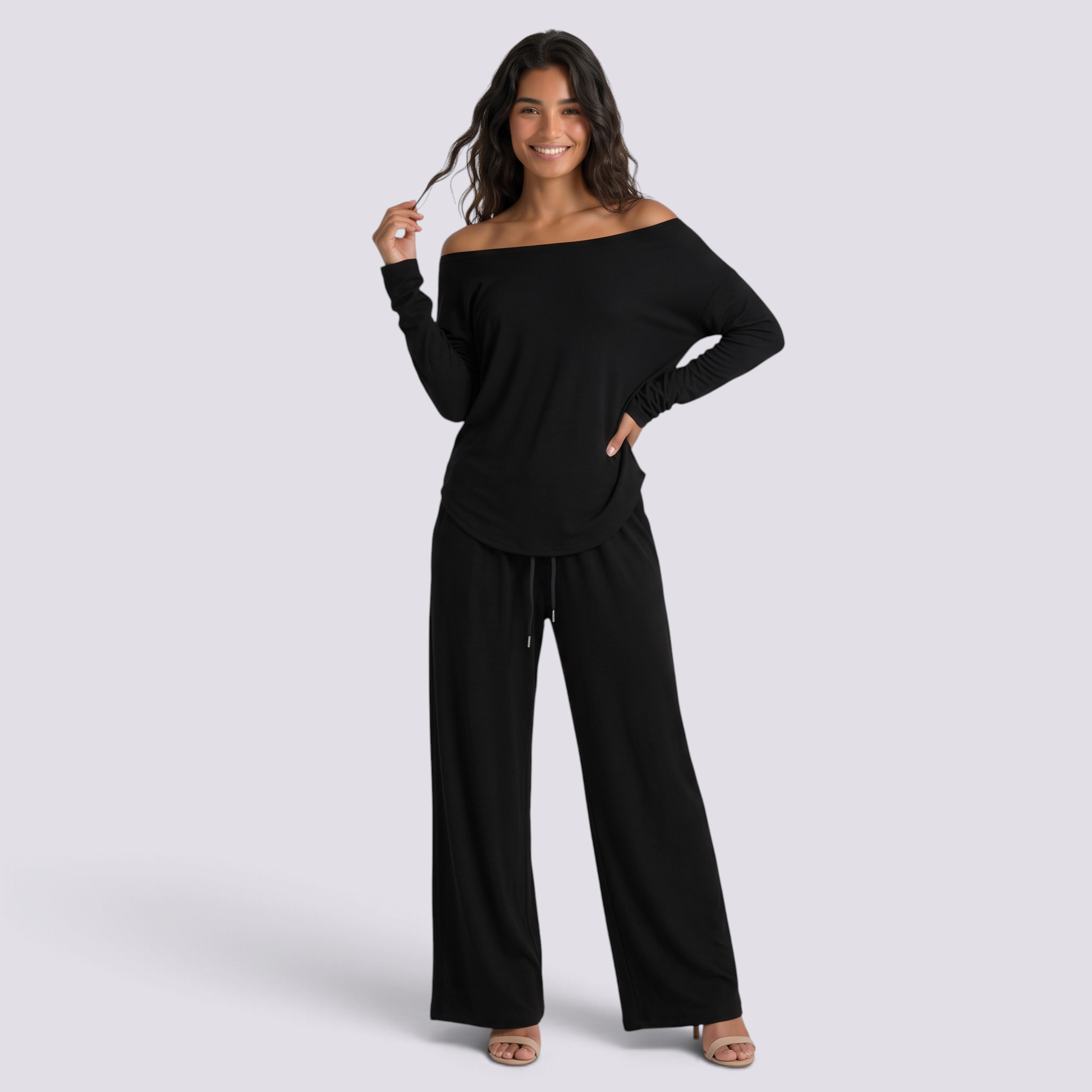 Conjunto Mujer Camiseta Hombros Descubiertos y Pantalón Ancho Negro vista frontal