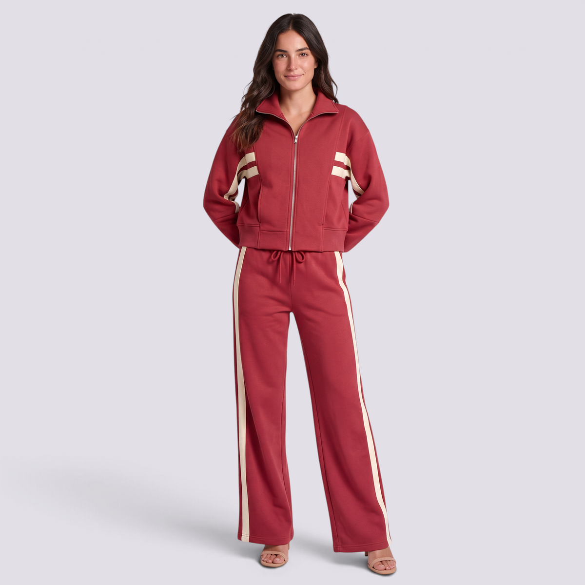 Chándal Mujer Dos Piezas con Cremallera y Rayas Rojo vista frontal