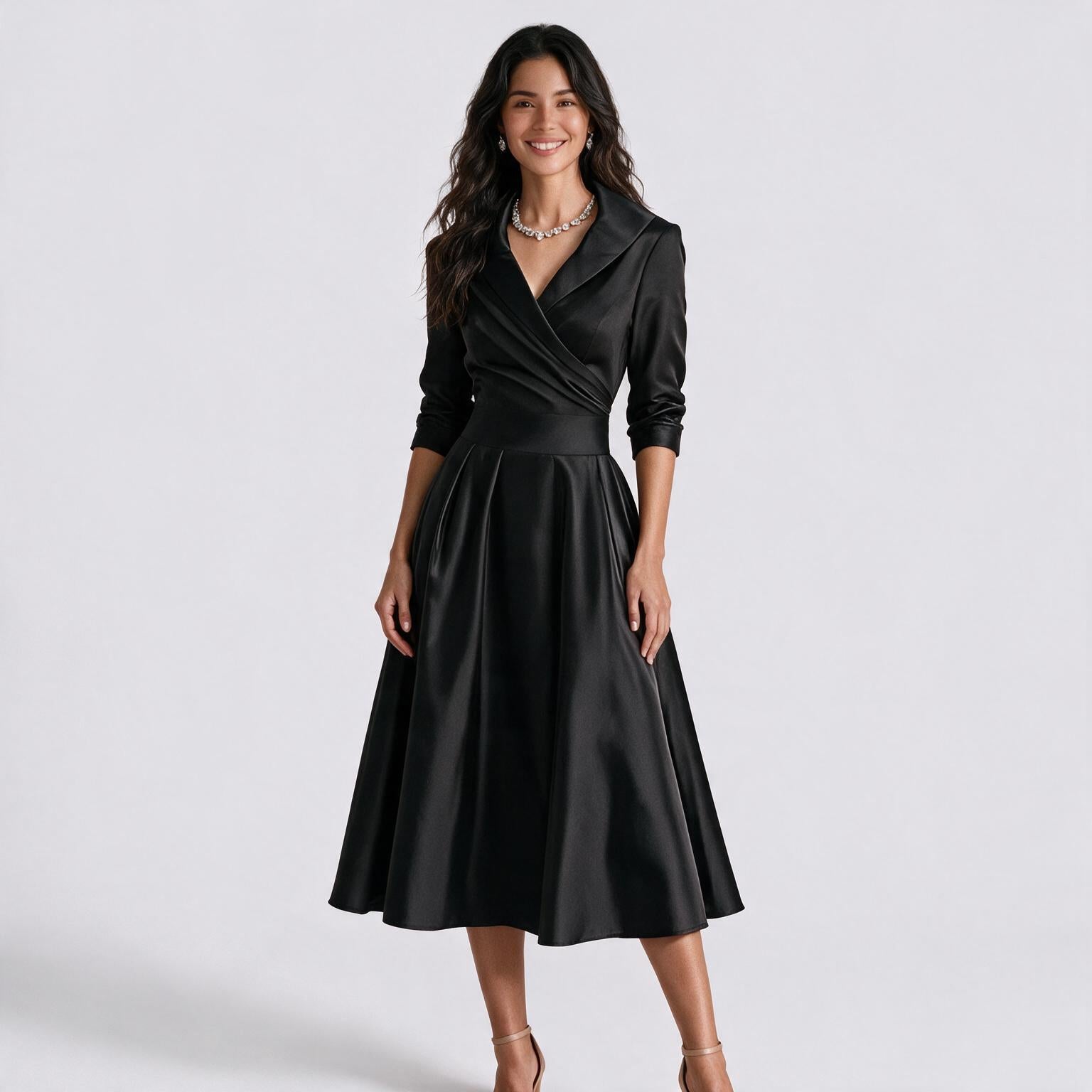 Vestido entallado manga larga color negro, vista frontal
