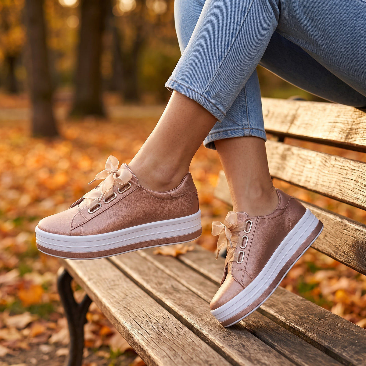 Zapatillas de plataforma con cordones de cinta puestas sobre un banco de parque en otoño