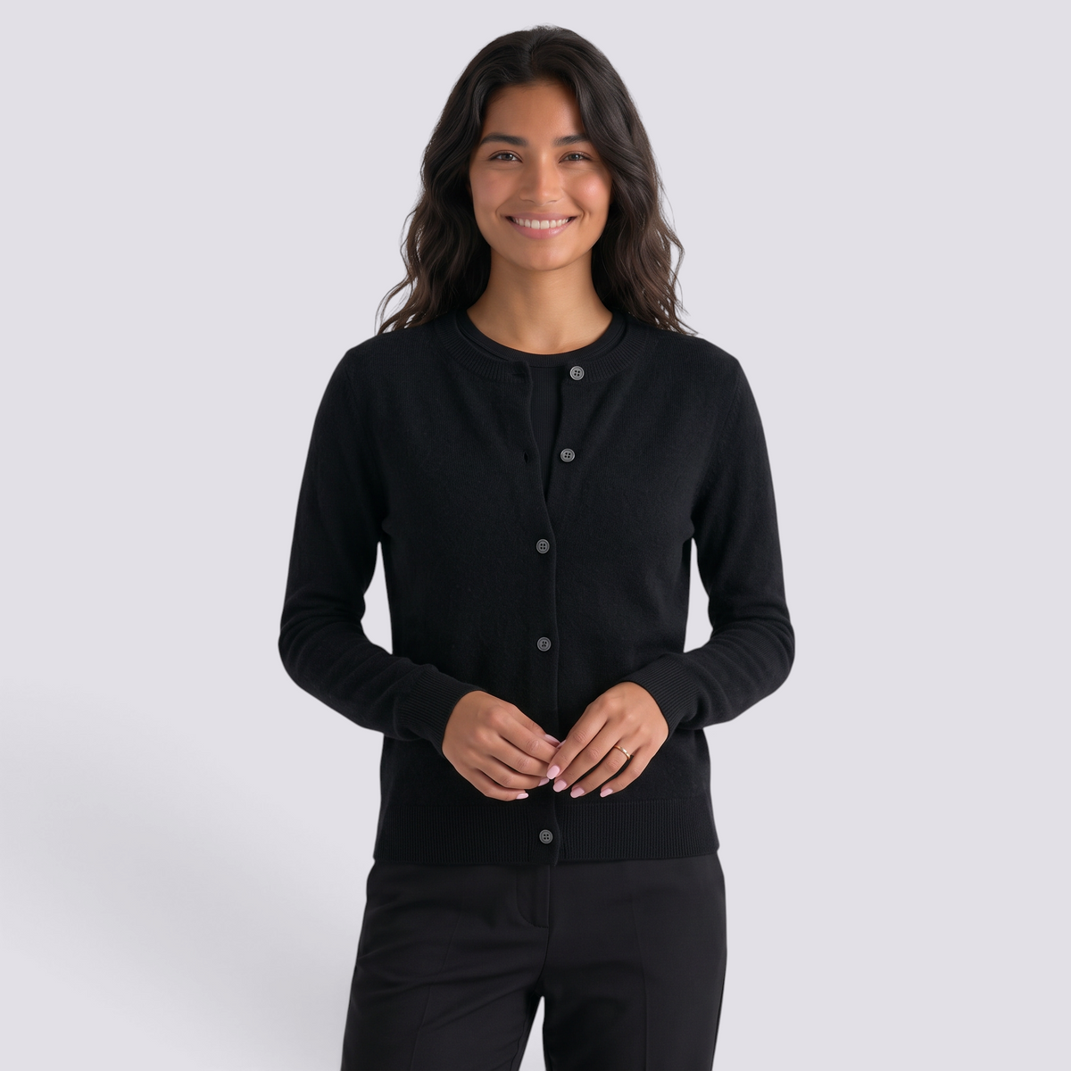 Cárdigan lana mujer cuello redondo - Negro - vista frontal
